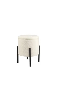 Sitzhocker Pouf Mit Stauraum Teddy Boucle weiß Mit Schwarzen Füßen Runder Hocker - Bild 1 von 6