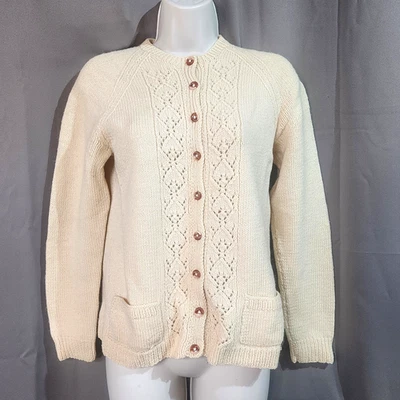 Vintage Knitted by Hand Cardigan Sweater Size M/L Handknit Wool Ivory Pockets - Image 1 of 4