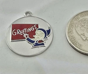 Vintage Enamel Pixie Elf Holding GREETINGS Sign Christmas Bracelet Charm Pendant - Picture 1 of 3
