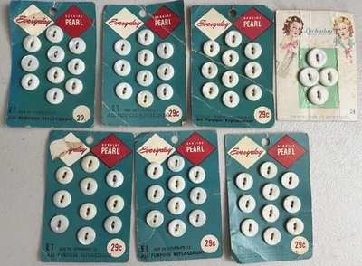 VTG 2-Hole 64 Pearl Buttons on cards NOS 4 LuckyDay 5/8" and 60 Everyday 1/2" - Image 1 of 2