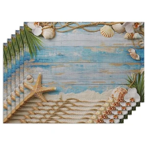 Dinner Placemats Set of 6Starfish Seashells Fabric Heat Resistant PlacematsWa... - Picture 1 of 7