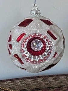 Lg Double Indent Pink Embossed Glass Christmas Ornament Glitter Marshal Fields  - Picture 1 of 8