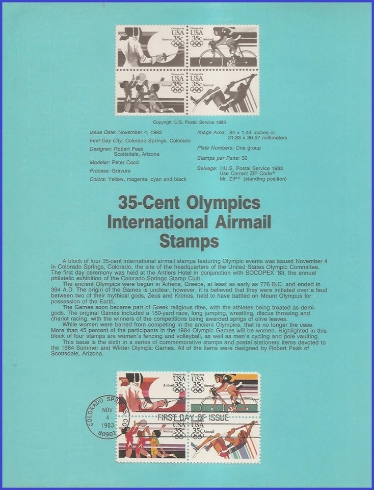USA7 #C109-12 U/A SOUVENIR PAGE FDC BL4  Summer Olimpics Summer Olympics - Image 1 of 1