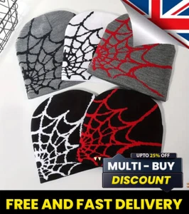 SPIDER WEB | Men Women Unisex Black White Ribbed Knit Beanie Hat | One Size - Picture 1 of 9