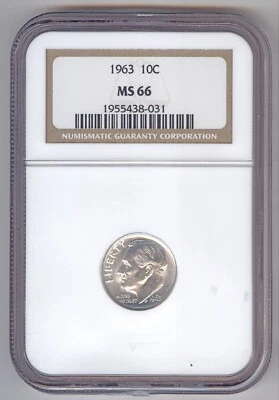 1963 10C Roosevelt Dime + NGC + MS 66 + SILVER + Brown Label - Image 1 of 2