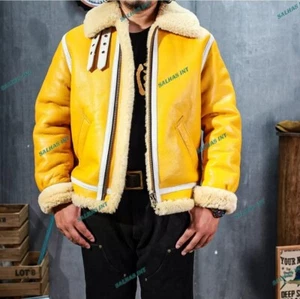 Men's Aviator B3 Pilot Flying Bomber Fur Shearling Sheepskin Leather Jacket D22 - Picture 1 of 8