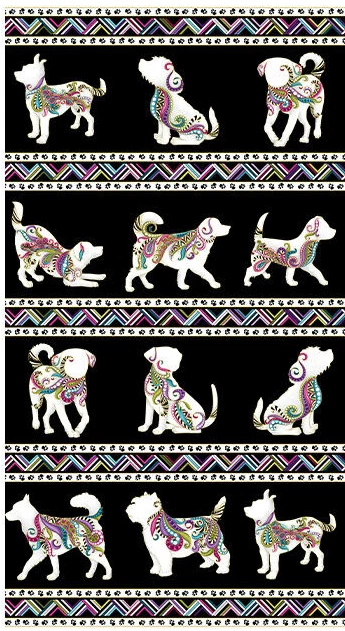 Dog On It Dogs Walk Paw Print Black Stripe Cotton Fabric Benartex 23"X44" Panel - Image 1 of 1