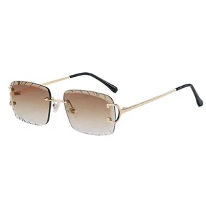 Gafas de sol para hombre sin montura de lujo hip hop corte gema marrón tinte dorado marco rectangular - Imagen 1 de 4