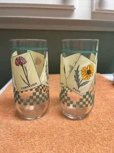 Rose, Violet, Carnation, Daisy Flowered Green Checkerboard Glass Tumblers Set 2 - Picture 1 of 7