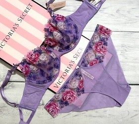 Victorias Secret Wicked Unlined Balconette Bra Cheeky Set Floral Purple