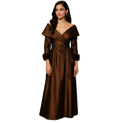 Vestido de noite vintage anos 70 lírio rubi marrom gala acabamento de pele envoltório maxi vestido tamanho 6 - Imagem 1 de 4