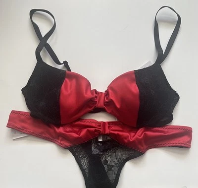 Adore Me Eira push up bra 32B and underwear XS set red and black - NEW WITH TAGS - Image 1 of 4