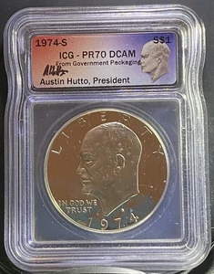 1974-S Eisenhower * Silver Dollar * PR70 DCAM ICG Austin Hutto Signed - Picture 1 of 2