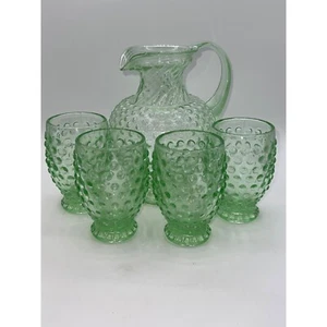 Tiara Indiana Green Hobnail Glass Tea Juice Pitcher and 4 Gobblets Set *as is - Picture 1 of 10