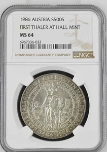 1986 Austria Silver 500 Schilling First Thaler at Hall Mint - NGC MS 64 - Picture 1 of 2