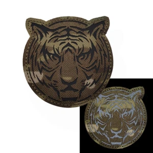 Tiger Head Motif IR Refletive Hook Loop Patch Glow in Dark Badge Brown Tan - Picture 1 of 5