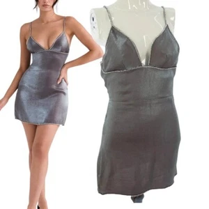 House Of CB Dress MAISIE GRAPHITE IRIDESCENT MINI DRESS SATIN CRYSTALS TRIM UK 4 - Picture 1 of 13