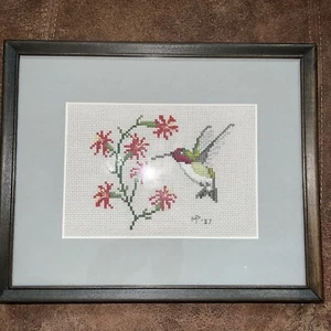 Hummingbird Completed Cross stitch 11”x9” Gray Matted Prof. framed NEEDLEPOINT - Picture 1 of 6