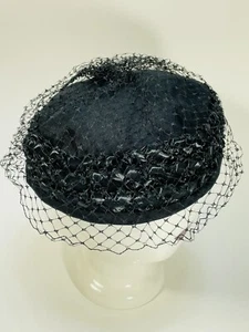 VINTAGE Black Pillbox Straw Hat with Net/ Veil & Bow Mid Century Party - Picture 1 of 14