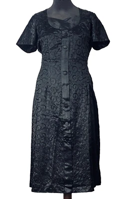 Vintage 1950s black satin dress, embroidered formal pin-up L XL plus size - Image 1 of 4