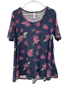 Lularoe Floral Short Sleeve Tunic Top Size M Navy Pink Boho Hippie Essential NEW - Picture 1 of 11