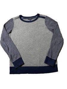 Nautica Sweater Gray w/Navy Blue Stripes Womens Small Crew Neck Nautical Buttons - Picture 1 of 14