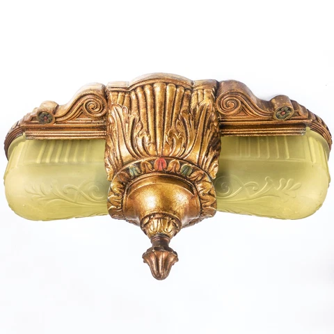 Deco "Glen Falls" Glass Slip Shade Ceiling Light / Wall Fixture -Orig Polychrome Cover