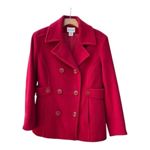 ST John’s Bay Red Wool Blend Pea Coat Lined Pockets Double Breasted WM SZ MP - Picture 1 of 13