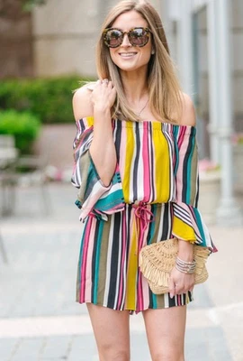 Шорты-комбинезон Express с расширяющимися рукавами размер средний разноцветные полоски женские - Изображение 1 из 4