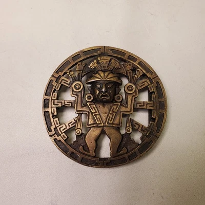 Vintage Mayan Aztec Warrior Brass Belt Buckle G-60 - Image 1 of 4