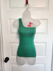 Neu mit Etikett Vintage 90er Y2k asymmetrisches grünes Tanktop Ösen dehnbar Größe XS/Small  - Bild 1 von 6