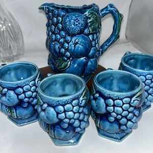 Stunning 1950s Vintage Inarco Mood Indigo Pottery 5pc set Pitcher and Mugs MC - Picture 1 of 7