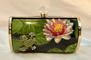 VINTAGE DEBBIE BROOKS NEW YORK SWAROVSKI CRYSTAL FROG AND LILY HARD CASE CLUTCH - Picture 1 of 4