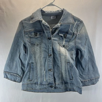 Inxuan Light Blue Wash Full Button Collared Distressed Denim Jacket Youth Sz 10 - Image 1 of 4