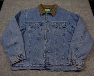 Vintage Cabelas Jacket Mens L Tall Blue Jean Denim Trucker Blanket Lined Leather - Image 1 of 4