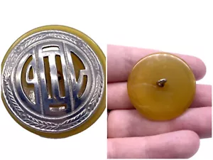 LARGE Vintage Bakelite Button Yellow Thick Silver Metal Overlay 1.25" - Picture 1 of 11