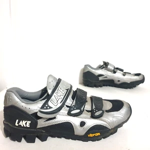 Lake Cycling Bike Shoes US9 EU43 Silver Black Leather Mountain Biking 3Strap Men - Picture 1 of 15