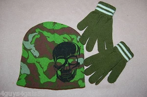 Boys Knit Stocking Hat Gloves Set GREEN BROWN CAMOUFLAGE Black Skull - Picture 1 of 1