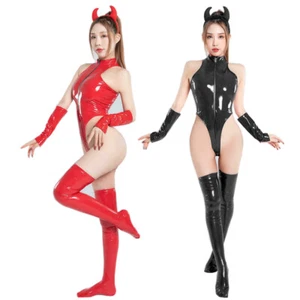 Sexy Corset High Waist Slit PVC Bodysuit Nightclub Costume Leotard/Gloves/Sock - Picture 1 of 13