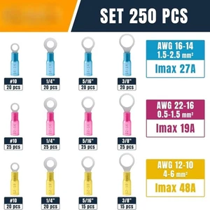 250 Pcs Heat Shrink Ring Terminal Kit 2210 AWG Wire Connectors Waterproof Seal - Picture 1 of 12