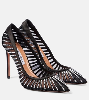 $1395 Aquazzura 105mm Passions Cristal Bombas Negro Plata Zapatos Talla 36 Foto 1 de 4