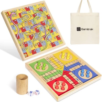 12 Inch Wooden Ludo & Snakes & Ladders 2-in-1 Reversible Parcheesi Board Game - Image 1 of 4