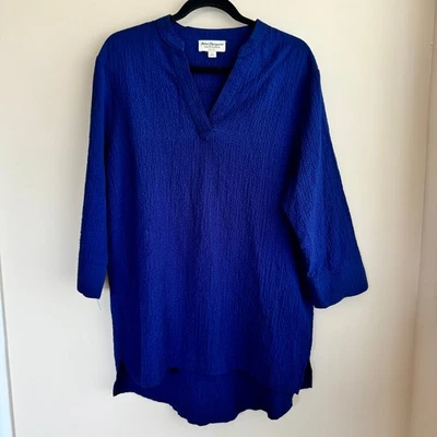复古 Norm Thompson 束腰上衣蓝色 V 领皱绉纱 3/4 袖 L 码 — 第 1/4 张图片