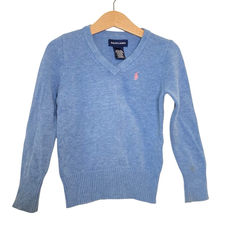 Suéter Ralph Lauren infantil azul mistura de lã tamanho 5 gola V rosa pônei mangas compridas - Imagem 1 de 4