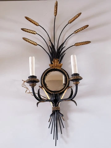 Antique Electric Wheat Wall Sconce Mirror Gold Gilt Bronze Candle Cover