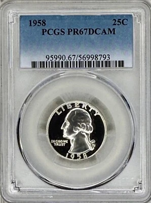 1958 PROOF WASHINGTON QUARTER PCGS PR67 DCAM DEEP CAMEO DARK MIRRORED BACKGROUND - Image 1 of 2