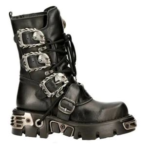 New Rock 391-S1 Unisex Black Boots Metallic Reactor Goth Punk Rock Biker Boots - Picture 1 of 9