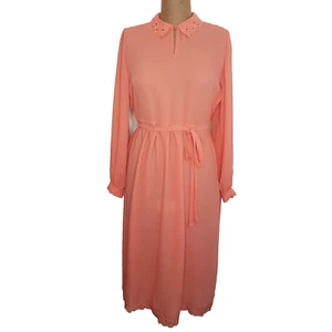 Vintage 70s Ninette Secretary Dress VIN SZ 14 Apricot Embroidered Collar Hem - Picture 1 of 10