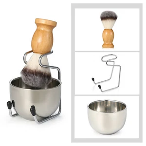 3 in 1 Wooden Handle Badger Synthetic Shaving Brush Stand Holder Mug Bowl Set - Picture 1 of 5