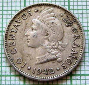DOMINICAN REPUBLIC 1942 10 CENTAVOS, Native Woman & Coat of Arms 0.900 Silver - Picture 1 of 6